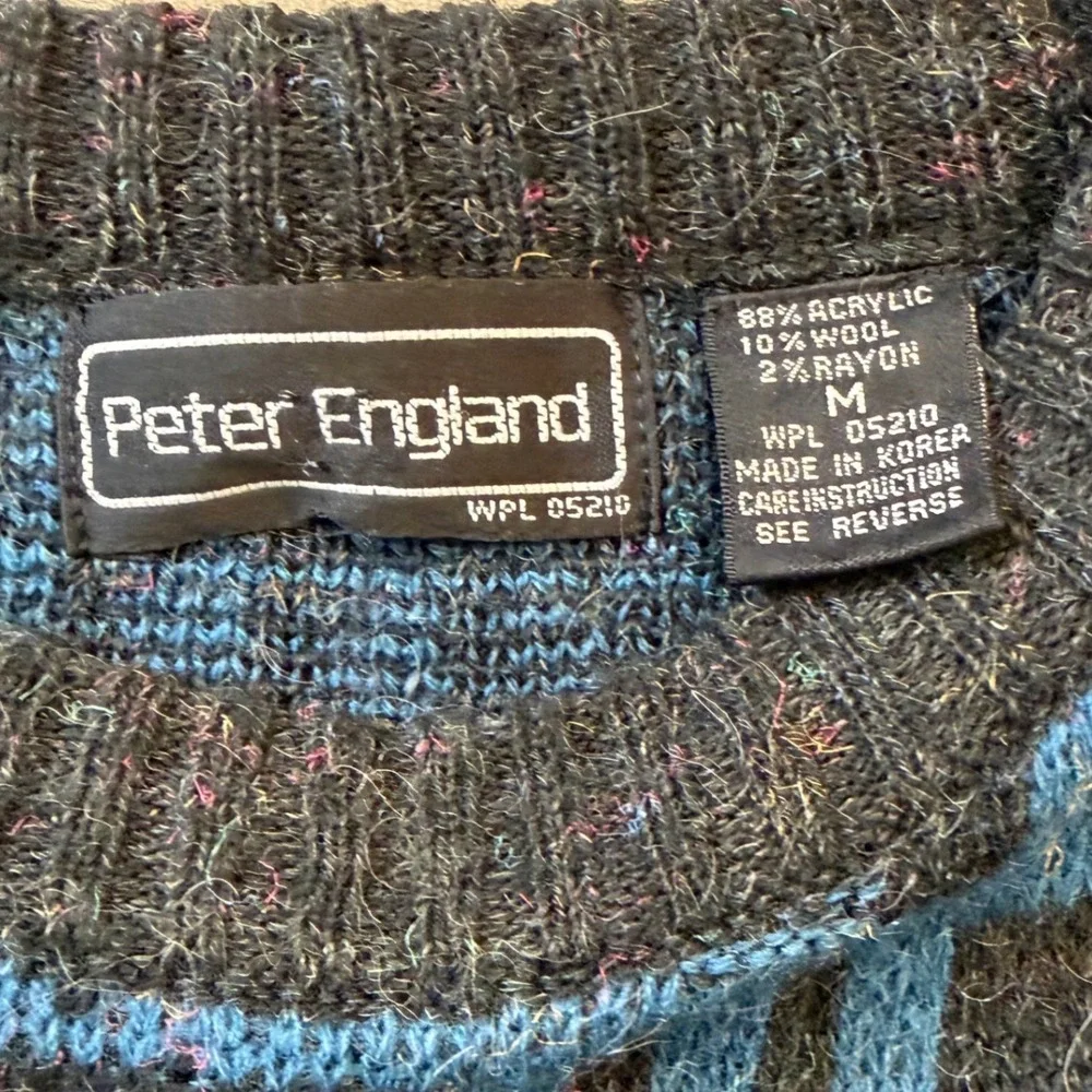 Vintage 80s Peter England Geometric Grandpa Sweater M Black Blue Wool Blend Knit